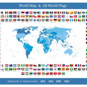 Op de afbeelding: Een gedetailleerde wereldkaart in blauwtinten, omringd door talrijke nationale vlaggen. De titel "World Map & All World Flags" staat bovenaan. De onderkant van de afbeelding bevat de tekst "High Quality & High Resolution EPS SVG PDF PNG".