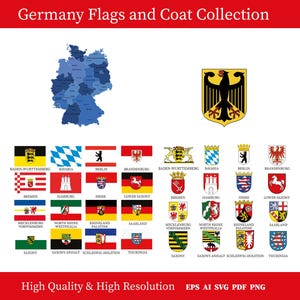 Könnte beinhalten: Eine Sammlung deutscher Flaggen und Wappen. Das Bild enthält eine Karte Deutschlands, ein Wappen sowie Flaggen und Wappen für jedes Bundesland. Die Flaggen und Wappen sind in verschiedenen Farben und Designs.
