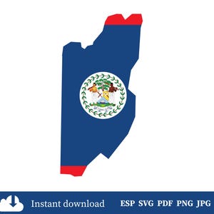 Puede incluir: Un contorno azul de Belice con detalles en rojo en la parte superior e inferior. El escudo de armas de Belice está en el centro. Las palabras "Descarga instantánea" están en la parte inferior.