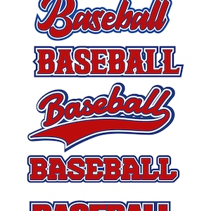 May include: A digital graphic featuring the word BASEBALL in six distinct typographic styles, all rendered in red with blue outlines. The text includes block lettering and script fonts, with one version featuring a classic baseball tail underline.