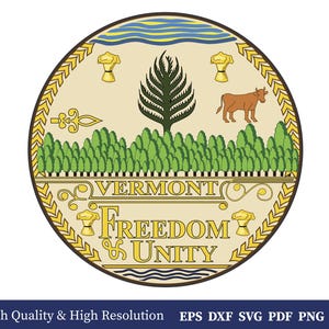 Puede incluir: Emblema circular con el sello del estado de Vermont. El diseño incluye una vaca, árboles y el texto "VERMONT FREEDOM & UNITY". El emblema está enmarcado por un borde decorativo e incluye el texto "High Quality & High Resolution" y abreviaturas de tipos de archivo.