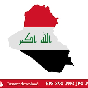May include: A map of Iraq filled with the national flag colours of red, white, and black. The central white stripe features the green Arabic text Allahu Akbar. Below the map, a red bar contains a white cloud icon and the text Instant download EPS SVG PNG JPG PDF.