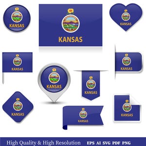 Könnte beinhalten: Eine Sammlung blauer Grafiken der Kansas-Staatsflagge in verschiedenen Formen, darunter Kreis, Rechteck und Herz. Jede Grafik zeigt das Staatssiegel und das Wort "KANSAS". Der untere Teil des Bildes lautet "High Quality & High Resolution".