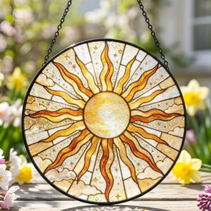 Attrape-soleil en vitrail à suspendre à la fenêtre, motif soleil, étoiles et nuages, style bohème, cadeau attrape-soleil