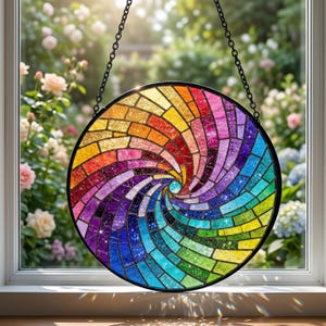 May include: A circular stained glass suncatcher featuring a vibrant rainbow-colored spiral pattern made of individual glass segments. The piece is framed in black metal and suspended by a black chain, displaying a spectrum of colors with glittery textures.