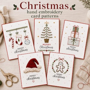 Può includere: Cinque biglietti d'auguri bianchi con ricami natalizi fatti a mano che includono bastoncino di zucchero, calza, pallina, albero, regali, cappello di Babbo Natale e omino di pan di zenzero, con testo Merry Christmas e bordi rossi.