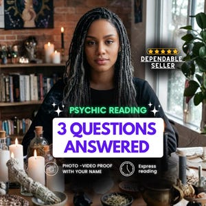 Puede incluir: Una mujer con cabello largo y trenzado es el foco central. Las superposiciones de texto dicen "Psychic Reading, 3 Questions Answered". El texto adicional incluye "Photo-Video Proof With Your Name" y "Express reading". Una insignia de "Dependable Seller" está en la parte superior derecha.