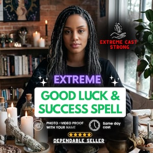 Puede incluir: Imagen de una mujer con trenzas, centrada frente a una estantería con libros y velas. La superposición de texto dice "EXTREME GOOD LUCK & SUCCESS SPELL" con información sobre prueba de foto/video y lanzamiento el mismo día. Vendedor confiable.