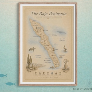 May include: A framed map print titled The Baja Peninsula: A Coastal Journey From North To South. The map features a tan background with illustrations of a whale, sea turtle, pelican, cactus, and various icons. It includes the text The Desert & Tide Atlas.