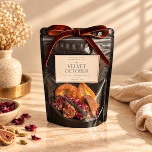 May include: A black stand-up pouch containing dried fruit, rose petals, and spices, tied with a dark brown velvet ribbon. The label reads Midnight Bramble Co, Velvet October, fig, rose, cardamom, vanilla, simmer pot, in black serif font.