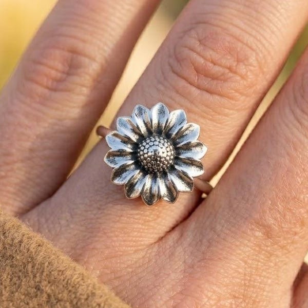 925 Sterling Silver Sunflower Ring, Handmade Botanical Floral Jewelry, Nature Inspired Gifts