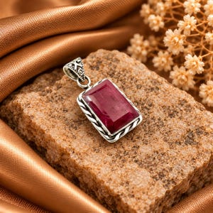 Natural Ruby Pendant, 925 Sterling Silver, Rectangular Pink Gemstone, Elegant Gift For Her Birthday