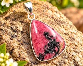 Natural Rhodonite Silver Pendant, 925 Sterling Silver Jewelry, Pink Rhodonite Gemstone, Statement Pendant, Silver Jewelry, Gift For Her