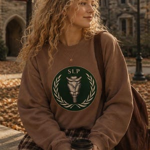 Dark Green SLP Crest Crewneck Sweatshirt | Vintage Speech-Language Pathology Sweatshirt | Collegiate Laurel Emblem