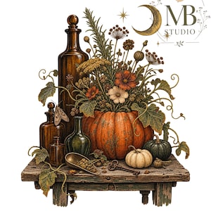 Può includere: Uno scaffale in legno rustico mostra una zucca arancione riempita di fiori secchi, insieme a bottiglie di vetro ambrato e verde, un misurino in metallo con semi, una piccola zucca bianca, una zucca verde scuro e una chiave antica. Testo MB STUDIO.