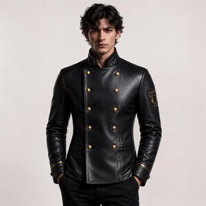 Könnte beinhalten: Eine schwarze Lederjacke mit zweireihiger Knopfleiste mit goldfarbenen Knöpfen, einem Stehkragen und einem goldenen Emblem-Aufnäher am linken Ärmel. Die Jacke hat lange Ärmel mit goldfarbenen Manschetten und eine strukturierte, taillierte Passform.