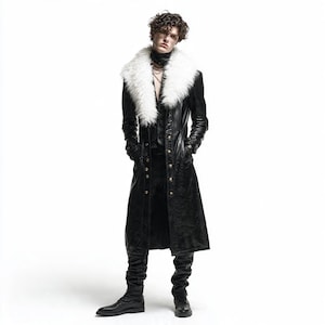 Men’s Black Leather Trench Coat with Fur Collar – Long Gothic Leather Coat, Winter Statement Jacket, Handmade Luxury Leather Overcoat.
