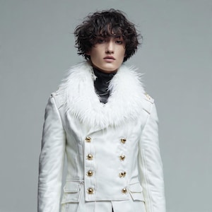 Men’s White Leather Trench Coat – Fur Collar Gothic Long Coat, Winter Statement Jacket, Cosplay LARP Outfit, Punk Festival Wear