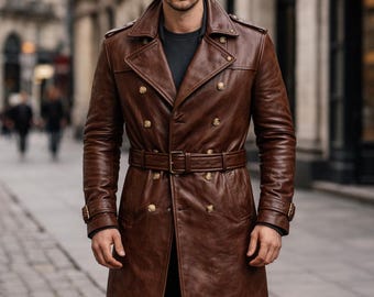 Gabardina de cuero marrón para hombre, abrigo cruzado de cuero auténtico | Chaqueta con cinturón de estilo vintage, abrigo militar