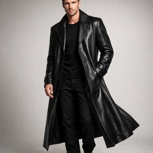 Könnte beinhalten: Ein langer, schwarzer Ledermantel mit klassischem Reverskragen. Der Mantel ist geknöpft und reicht bis zu den Knöcheln. Das Model trägt ein schwarzes Hemd und eine schwarze Hose. Der Mantel hat ein elegantes, poliertes Aussehen.