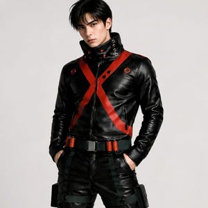 Könnte beinhalten: Schwarze Lederjacke mit roten Akzenten in X-Form über der Brust. Die Jacke hat einen hohen Kragen und wird mit einer schwarzen Lederhose kombiniert. Das Outfit umfasst einen Gürtel mit roten zylindrischen Details und schwarzen Riemen.