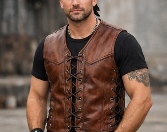 Chaleco de cuero marrón para hombre, chaleco de motociclista con cordones hecho a mano, chaleco de cuero de estilo vintage, chaleco con cordones laterales ajustables, atuendo de motociclista