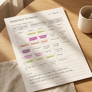 Könnte beinhalten: Ein gedruckter monatlicher Fitnessplaner mit einem detaillierten Trainingsplan, einschließlich Laufen, Krafttraining und Ruhetagen. Der Planer liegt auf einem Holztisch neben einer Keramiktasse mit einem Stift.