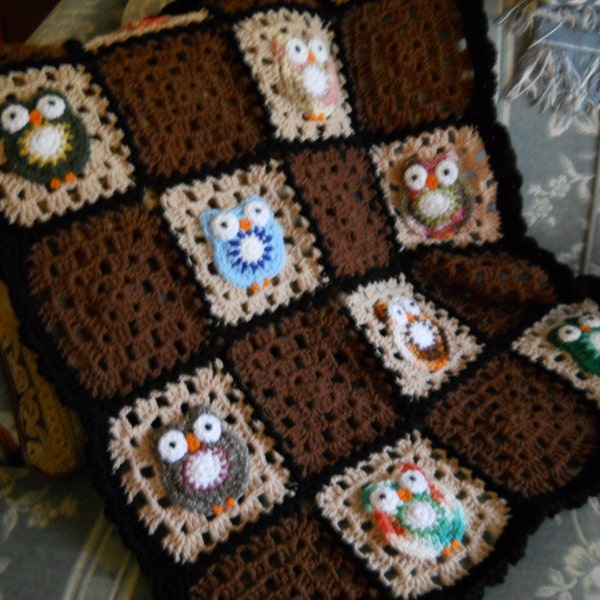 Owl afghan, crochet baby blanket, owl, nursery, grannie square, warm winter