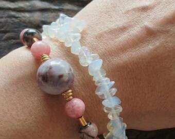 Super Seven Moonstone Bracelet, Rhodonite Rhodochrosite Healing Jewelry, Adjustable Crystal Stack