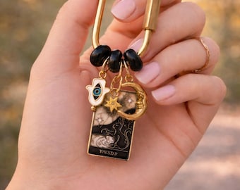 The Star Tarot Keychain, Celestial Moon Hamsa Bag Charm, Black Beads (Gift Boxed)