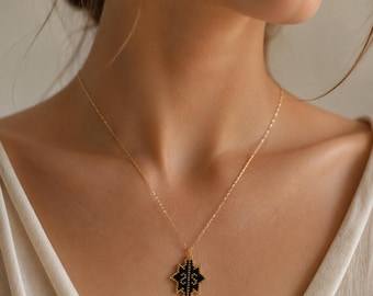 Miyuki Beaded Necklace, Black and Gold Geometric Star Pendant, Handmade Seed Bead Jewelry