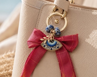 Evil Eye Bag Charm, Ceramic Nazar Keychain, Sodalite Beads, Silk Ribbon, Greek Protection Accessory