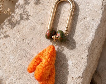 Natural Orange Coral Bag Charm, Unakite Purse Keychain, Gold Tone Stainless Steel Handbag Accessory