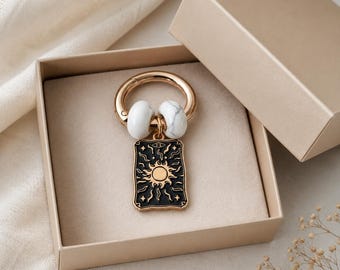 The Sun Tarot Bag Charm, Natural Howlite Crystal Keychain, Stainless Steel Purse Accessory