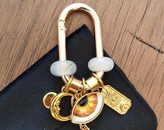 Celestial Keychain with Eye, Moon, Talisman, Moonstone Beads, Initial Charm