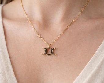 Triple Moon Goddess Necklace Gold Wiccan Pendant Witchy Spiritual Pagan Celestial Jewelry Gift