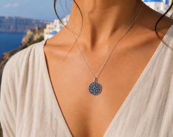 Unisex Byzantine Pendant, Oxidized Sterling Silver 925 Medallion Necklace Charm