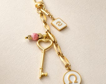 Personalized Zodiac Bag Charm, Stainless Steel Omega Keychain with Rhodochrosite & Hematite, Greek Symbol Gift