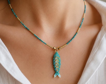 Turquoise Fish Necklace, Handmade Miyuki Beaded Anchovy Pendant with Hematite