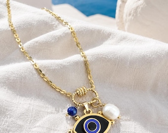 Evil Eye Necklace, Lapis Lazuli, Pearl, Greek Protection Jewelry