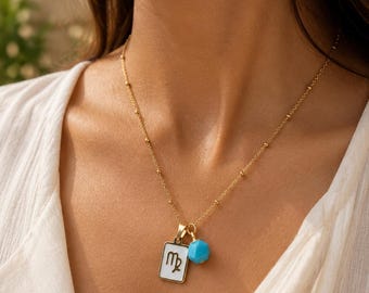 Virgo Zodiac Necklace with Amazonite & Mother of Pearl Charm, Gold Stainless Steel Jewelry, September Birthday Gift for Her