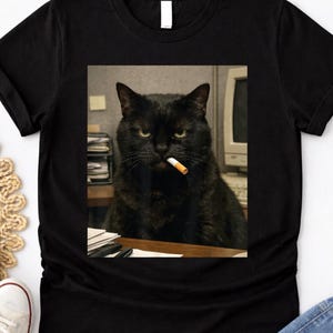 Grumpy Black Cat Smoking Shirt, Funny Office Cat Tee, Attitude Cat Meme Shirt, Dark Humor Cat Gift