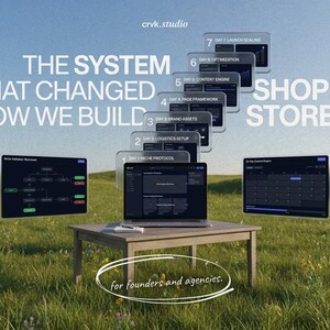 Könnte beinhalten: Werbung für Shopify-Shops. Das Bild zeigt einen Laptop und zwei weitere Bildschirme auf einem Holztisch in einem Feld. Der Text lautet "DAS SYSTEM, DAS VERÄNDERT HAT, WIE WIR SHOPIFY-SHOPS BAUEN" und "für Gründer und Agenturen."