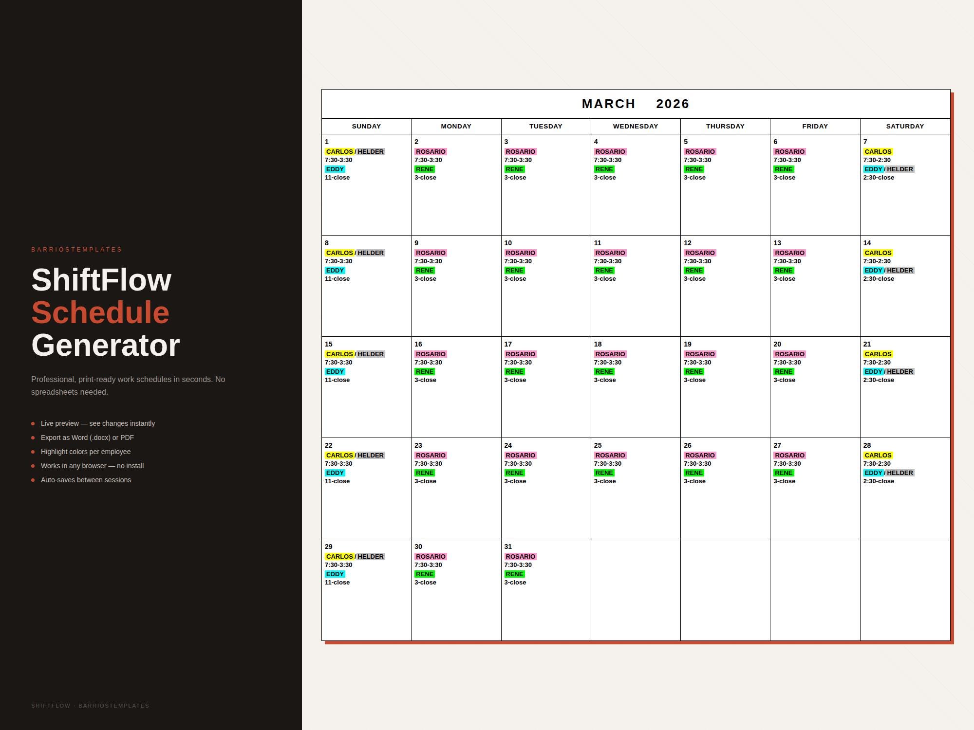 Employee Work Schedule Template | Staff Schedule Generator | Printable ...