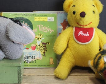 Vintage 1960s Gund Winnie the Pooh Tigger Eeyore Plushes, Upside-Down Records