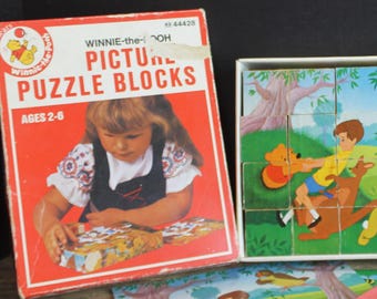1950s Vintage Winnie The Pooh 6 Pictures Puzzle Blocks  Wooden Blocks