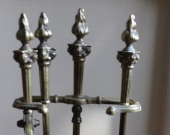 Vintage Elegant Brass Fireplace Tool Set With Flame Finials in Stand  Fireplace Decor