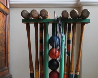 Vintage Croquet Set  With Wheeled Rack  6 Mallets and Balls  9 Wickets  2 Stakes  Retro Croquet Set
