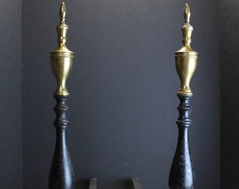 Vintage Classic Andirons  Federal Style Urn Finials  Brass and Cast Iron  Fireplace Accessories