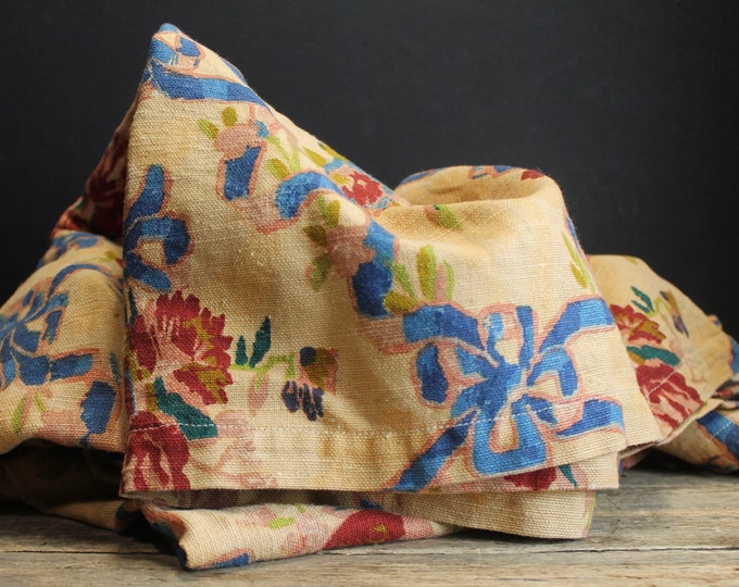 Vintage French Tablecloth Cotton Flowers and Ribbon on Soft Orange